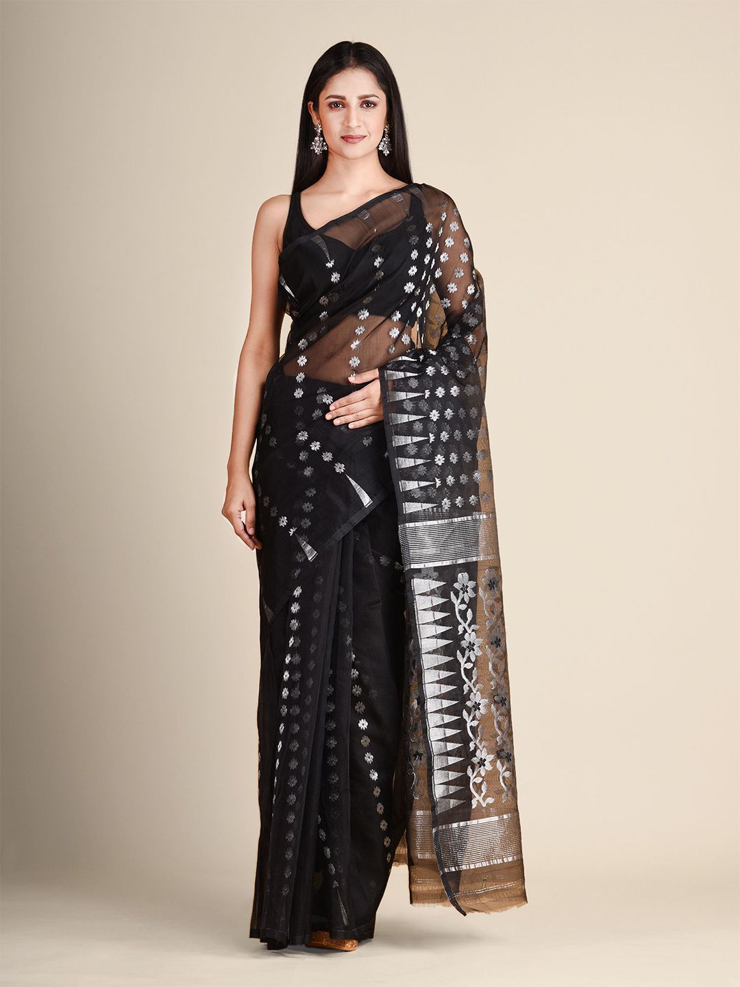 Arhi Black & Silver Ethnic Motifs Silk Blend Saree Price in India