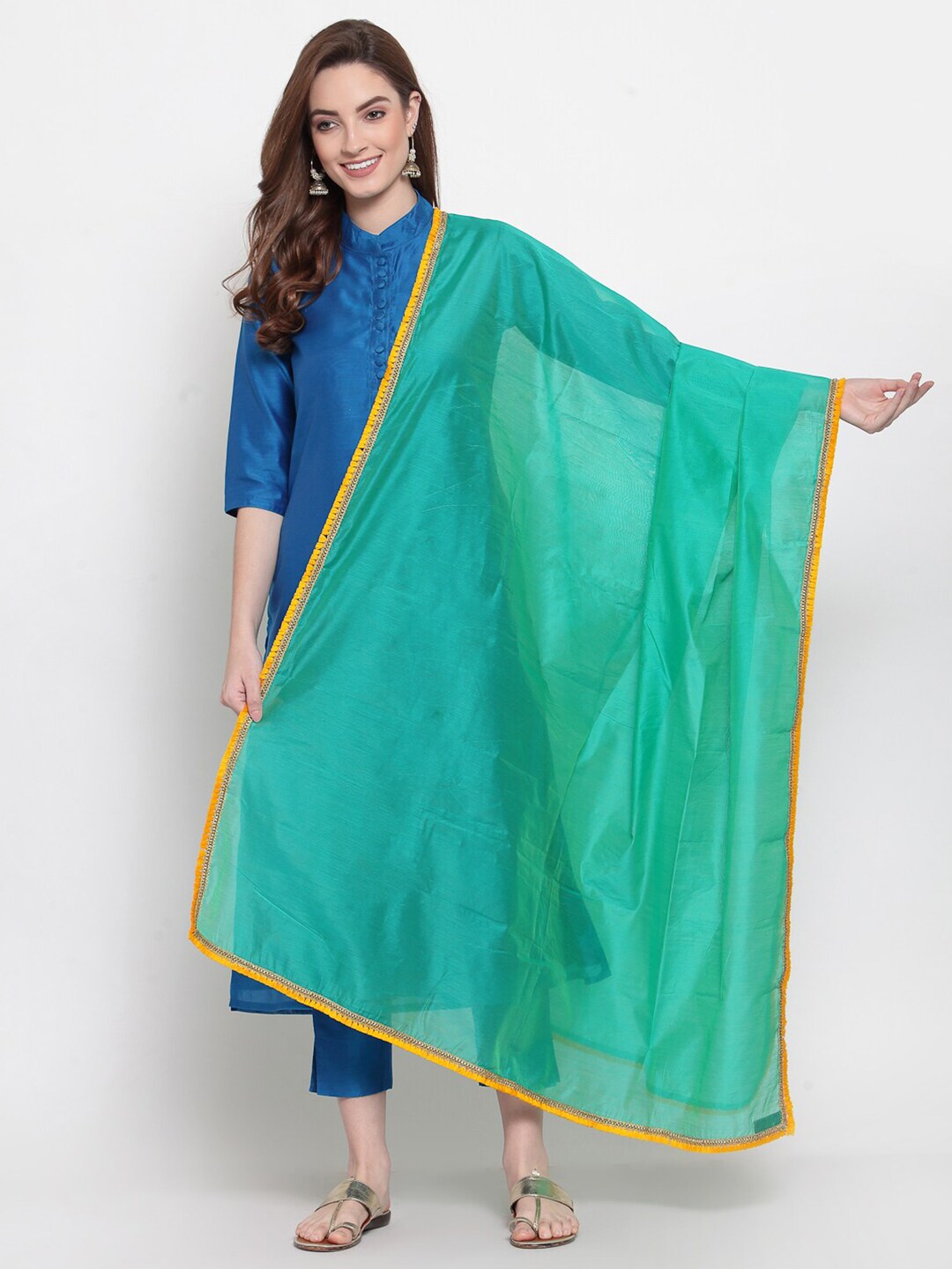 Desi Weavess Green & Yellow Art Silk Dupatta Price in India