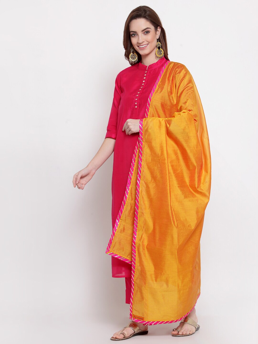Desi Weavess Mustard Yellow & Pink Art Silk Dupatta Price in India