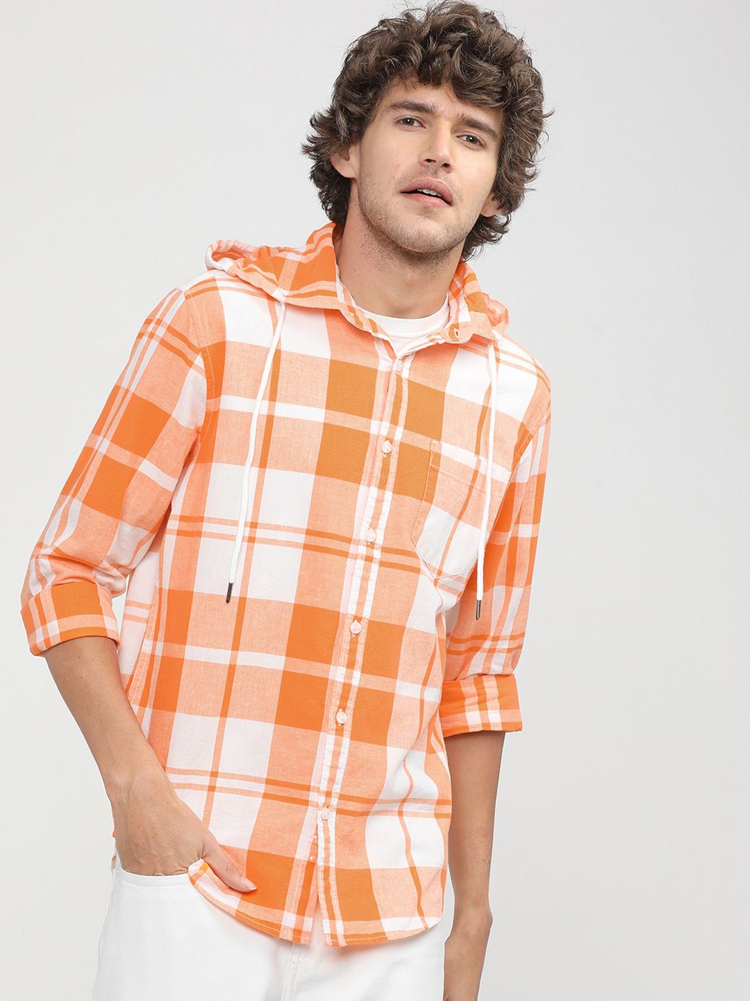 HIGHLANDER Men Orange & White Slim Fit Hooded Checked Cotton Casual Shirt