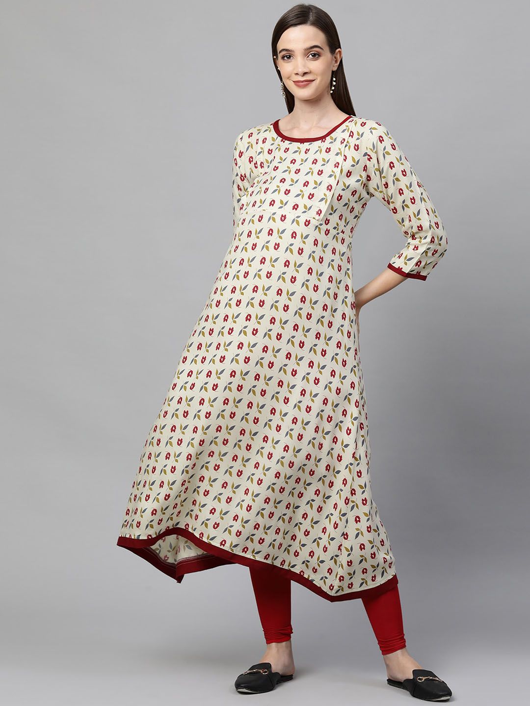 MomToBe Women Beige Floral Printed Maternity Kurta Price in India