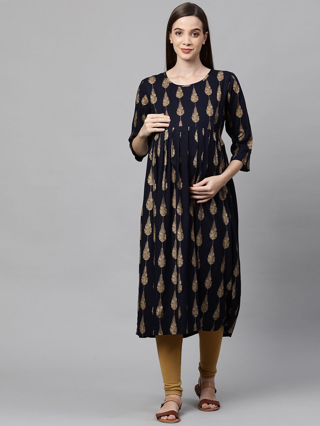 MomToBe Women Navy Blue Printed Maternity Anarkali Kurta Price in India