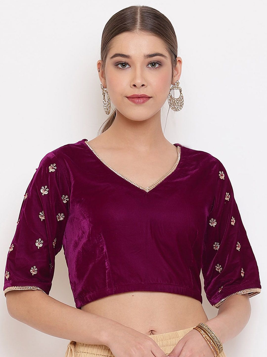 Janasya Women Purple Embroidered Velvet Saree Blouse Price in India