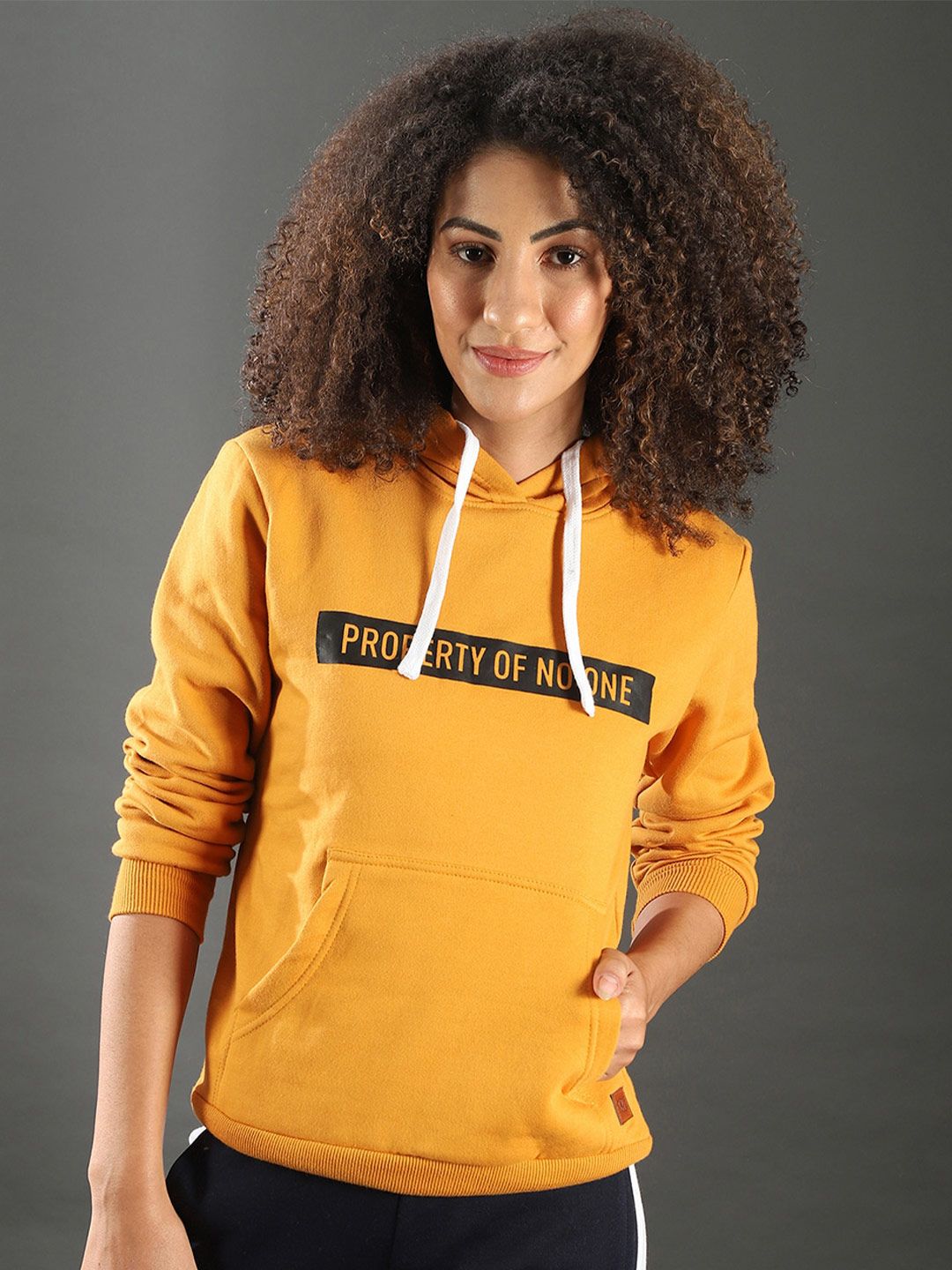 Campus Sutra Women Mustard Printed Hooded Sweatshirt Price in India