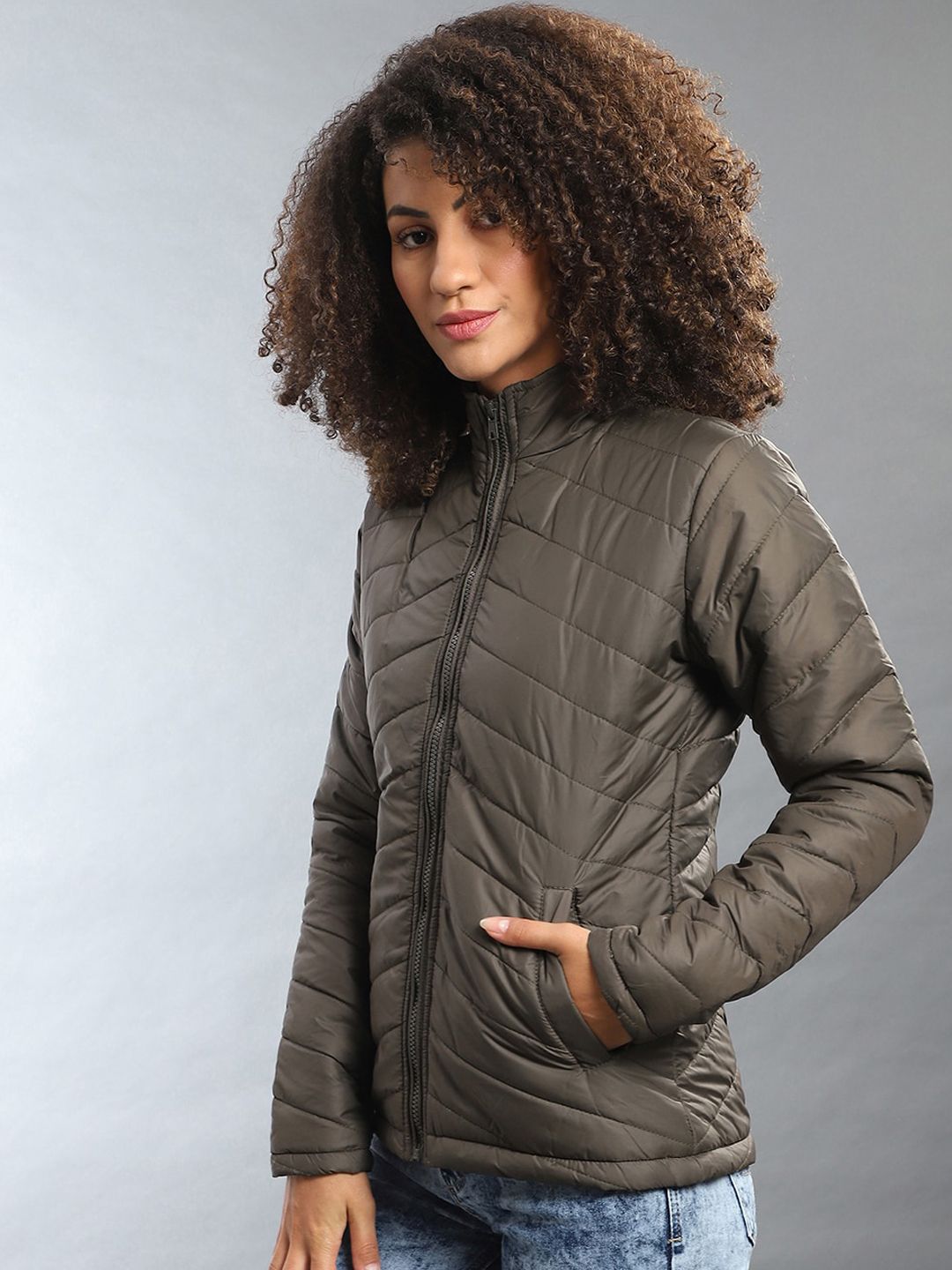 Campus Sutra Women Olive Green Windcheater Padded Jacket Price in India