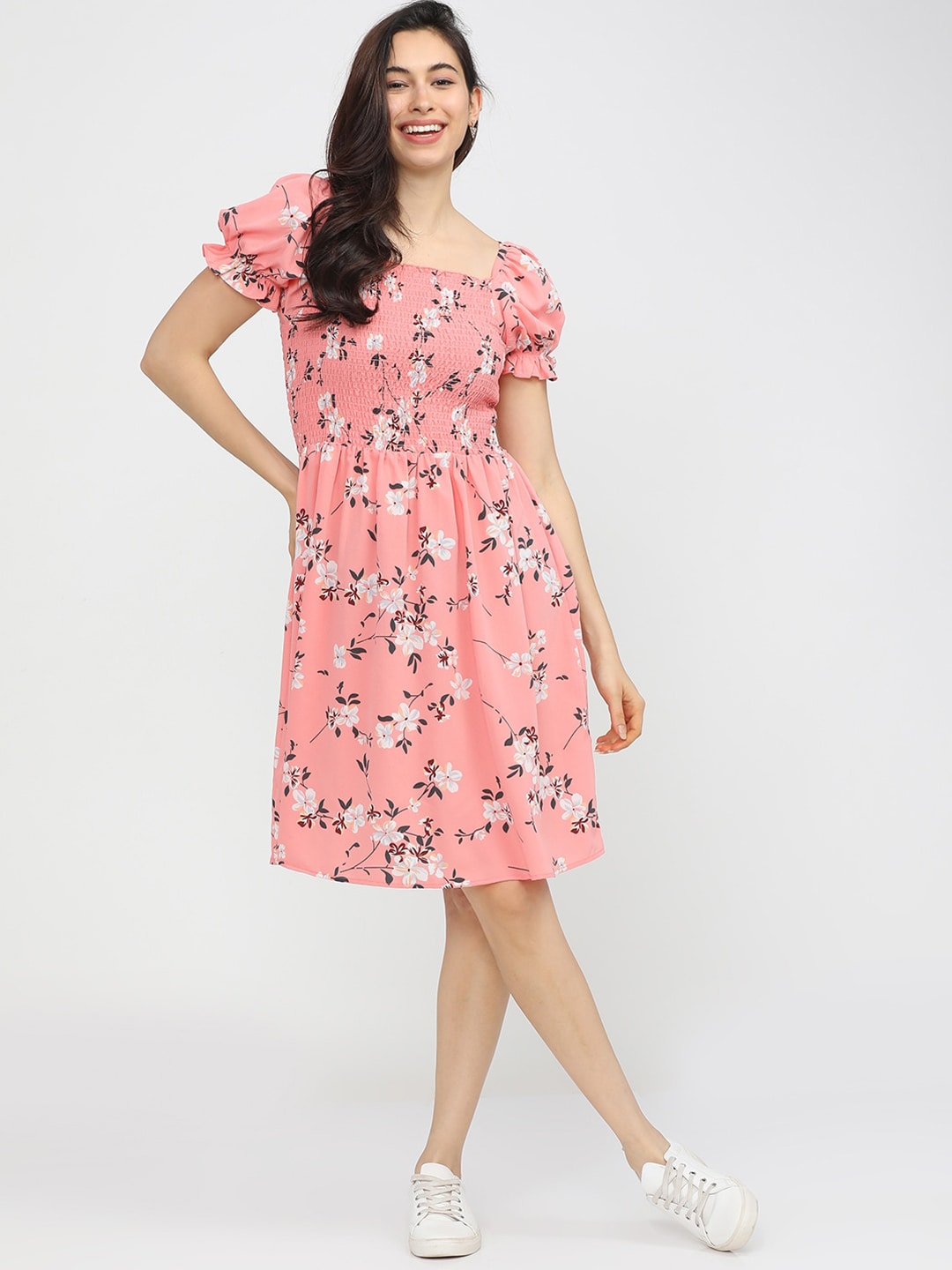 Tokyo Talkies Coral Pink & White Floral Dress Price in India