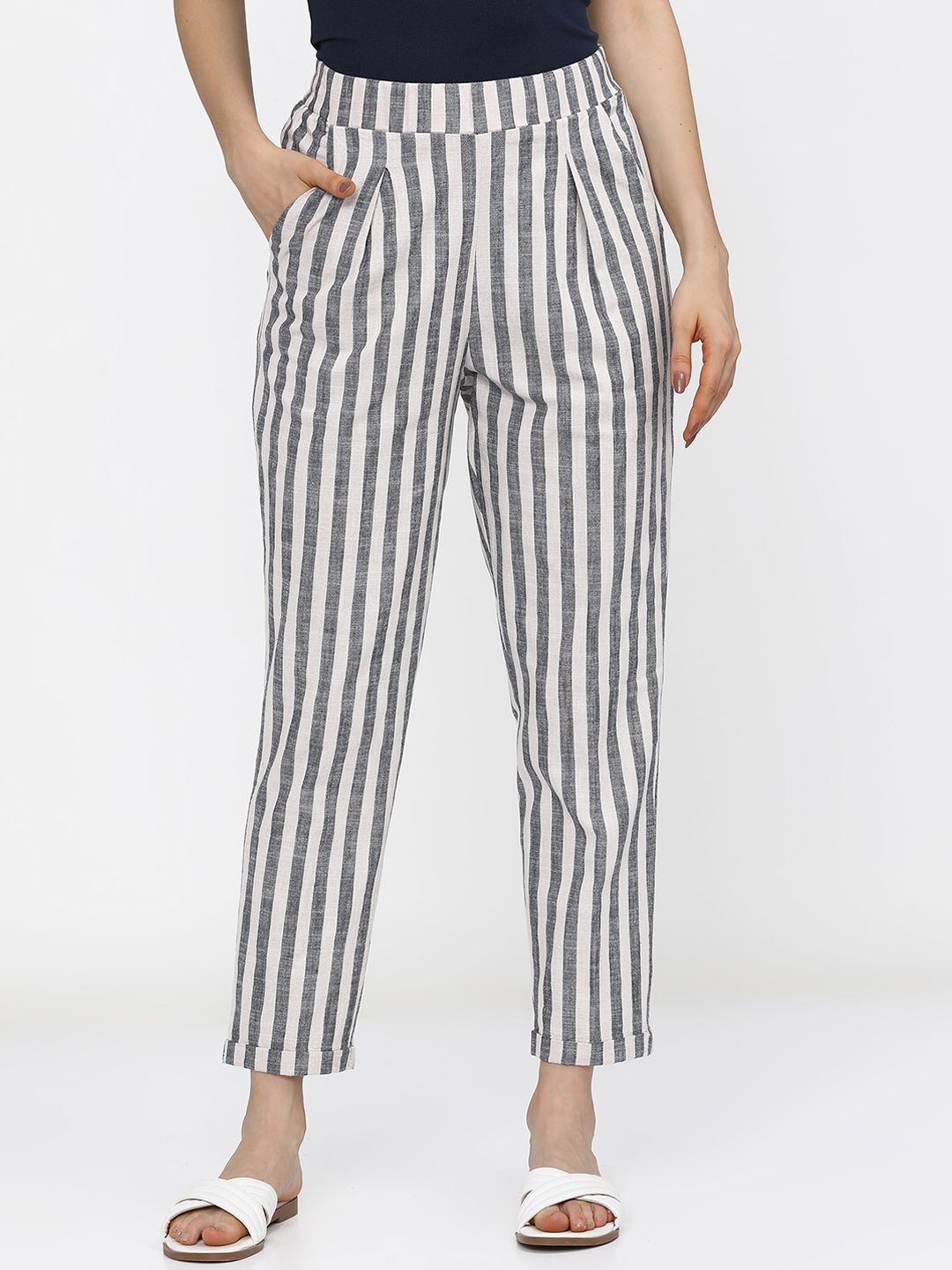 Tokyo Talkies Women Grey & White Striped Slim Fit Pleated Trousers Price in India