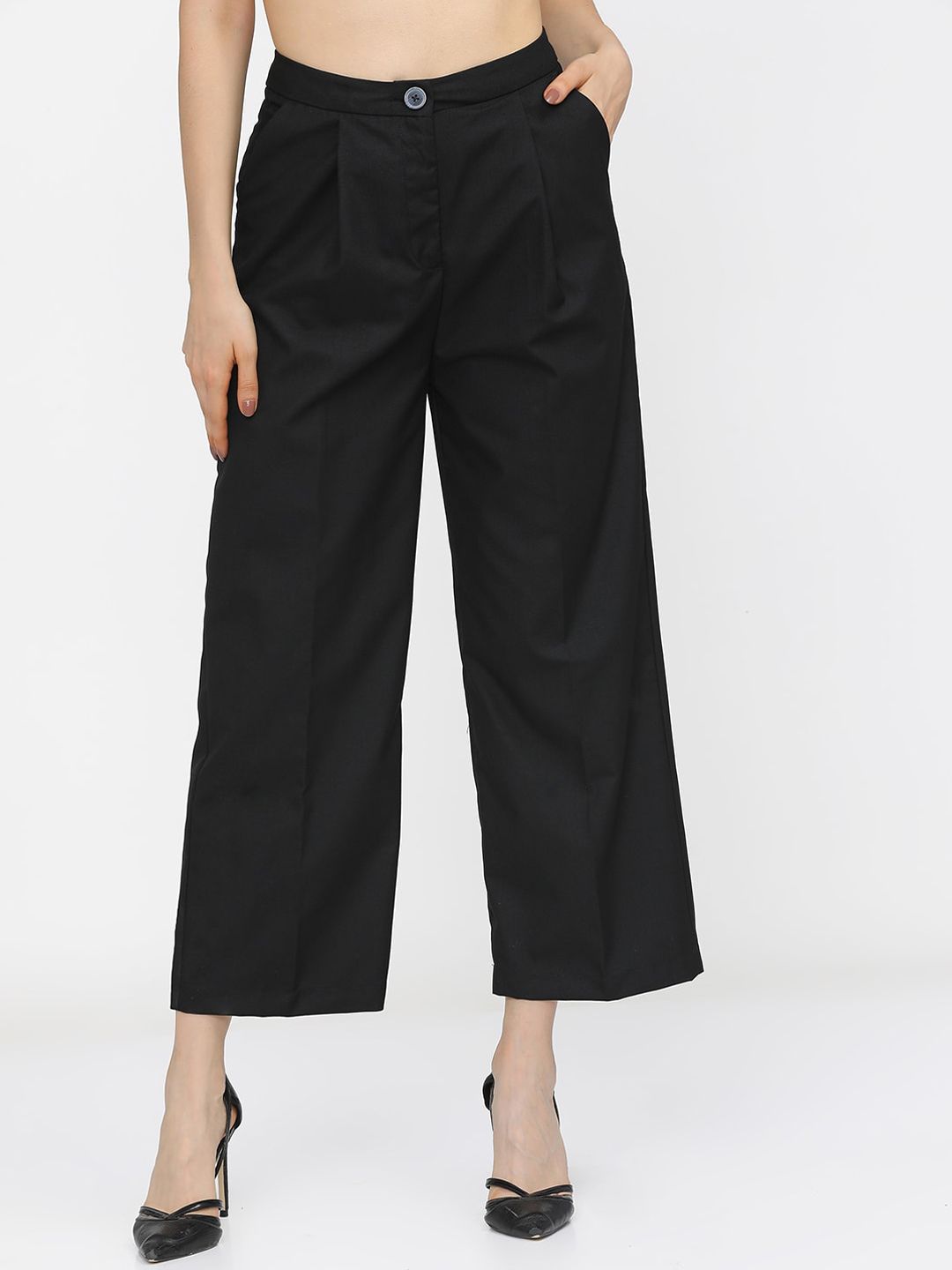 Tokyo Talkies Women Black Flared Pleated Parallel Trousers Price in India