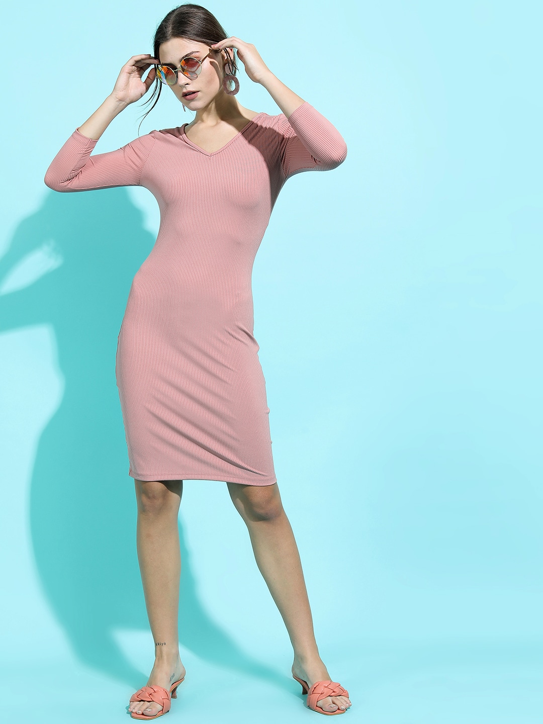 Tokyo Talkies Pink Solid Bodycon Dress Price in India