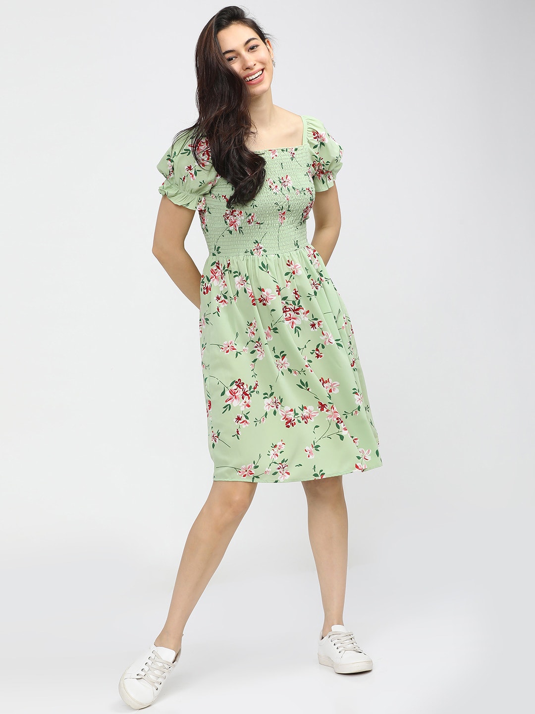 Tokyo Talkies Green & Pink Floral A-Line Dress Price in India