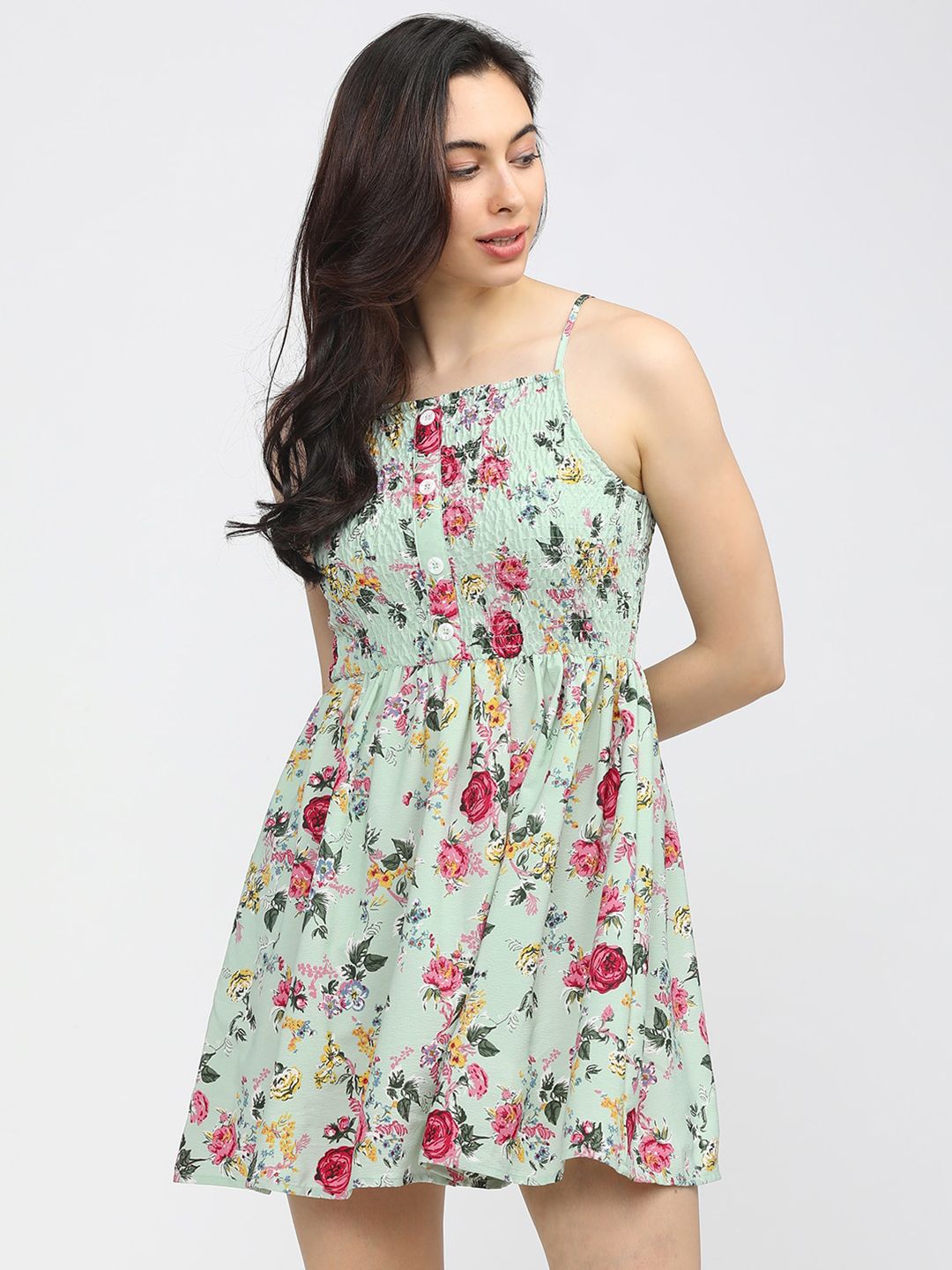 Tokyo Talkies Sea Green & Pink Floral Mini Dress