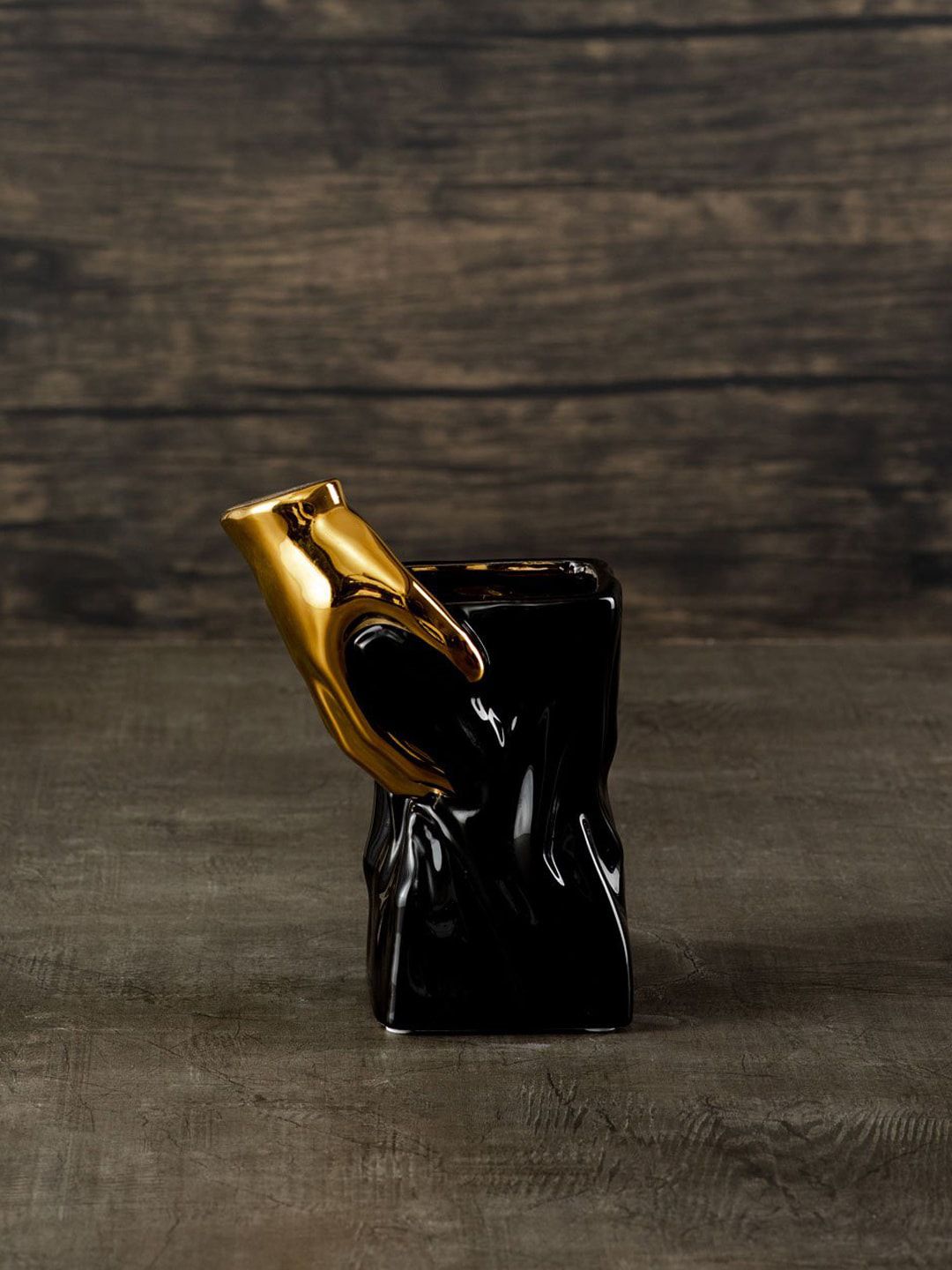 THEDECORKART Black & Gold-Toned Colourblocked Soothing Hand Vase Price in India