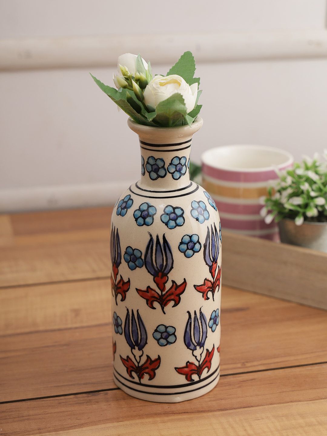 Aapno Rajasthan Off-White & Blue Printed Ceramic Vase Price in India