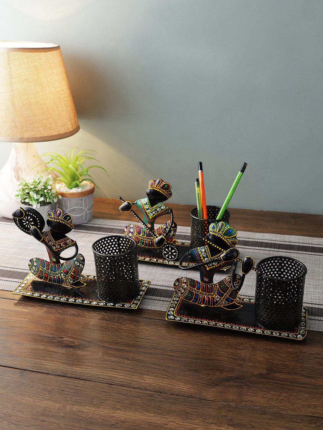 Aapno Rajasthan Set of 3 Black & Gold Krishna Design Pen Stand Desk Organiser Price in India