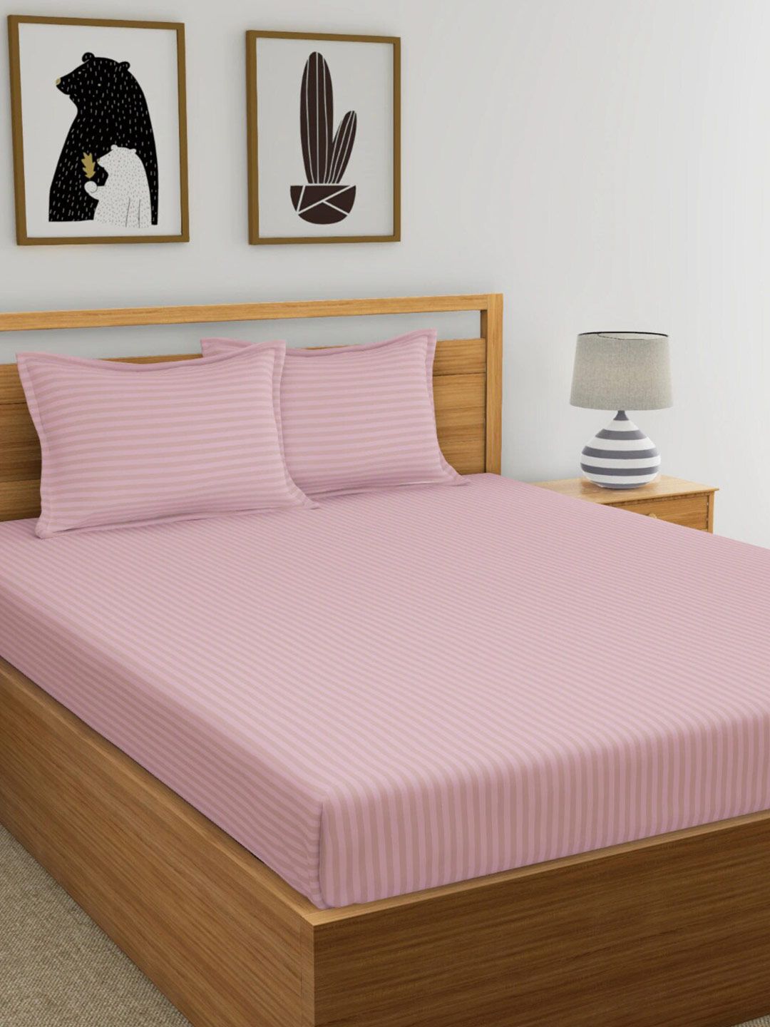 Molly & Michel Pink Striped 220 TC Queen Bedsheet with 2 Pillow Covers Price in India