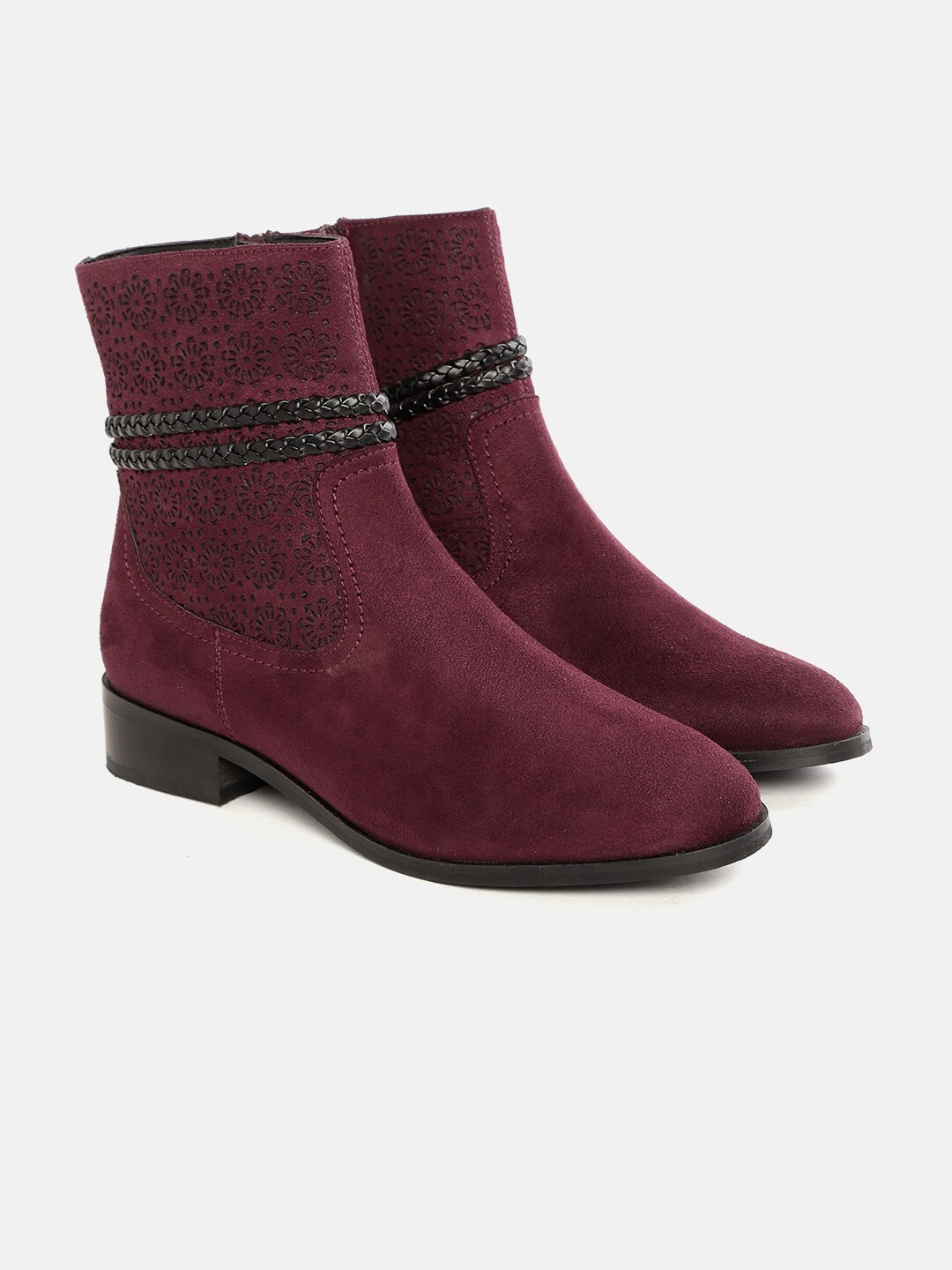 CORSICA Women Burgundy Suede Finish Laser Cut Mid-Top Flat Boots Price in India