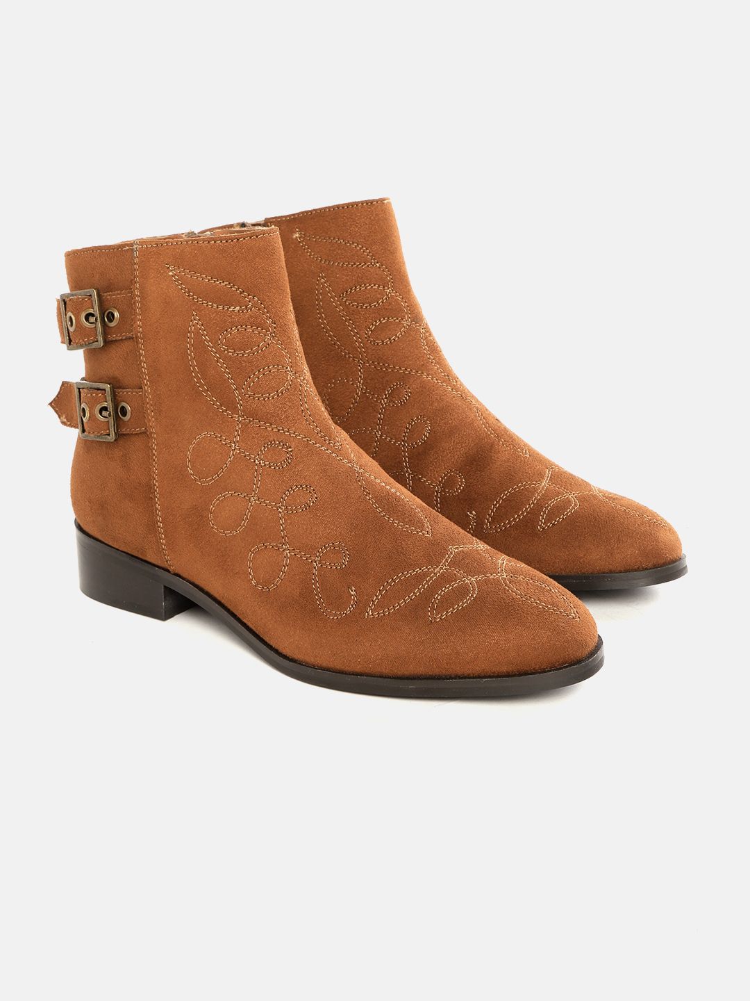 CORSICA Women Brown Suede Finish Embroidered Mid-Top Flat Boots Price in India