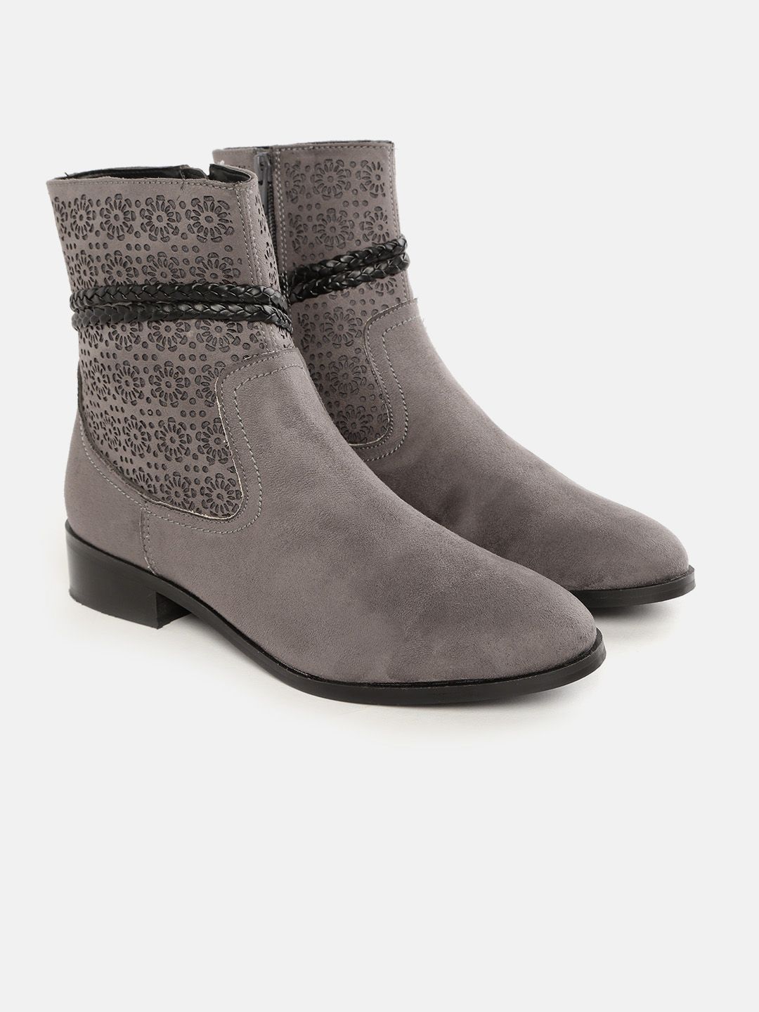 CORSICA Women Grey Laser-Cut Mid-Top Flat Boots Price in India