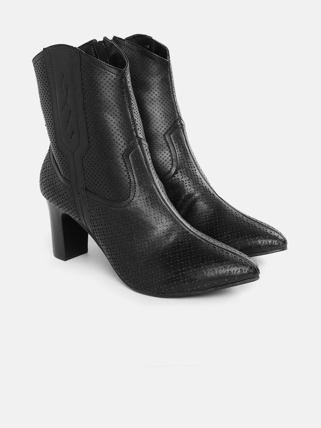 CORSICA Women Black Textured Block Heeled Boots with Laser Cuts Price in India