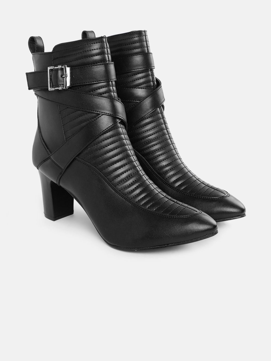 CORSICA Women Black Textured Block Heeled Boots with Buckles Detail Price in India
