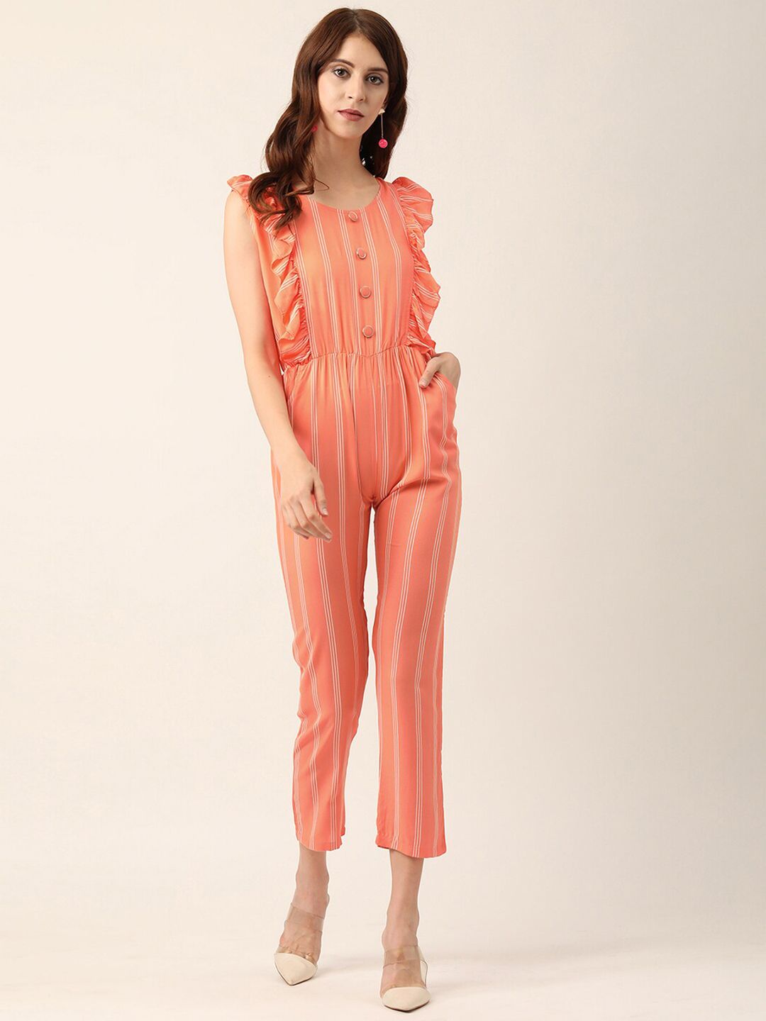 V2 Value & Variety Orange & White Striped Basic Jumpsuit Price in India