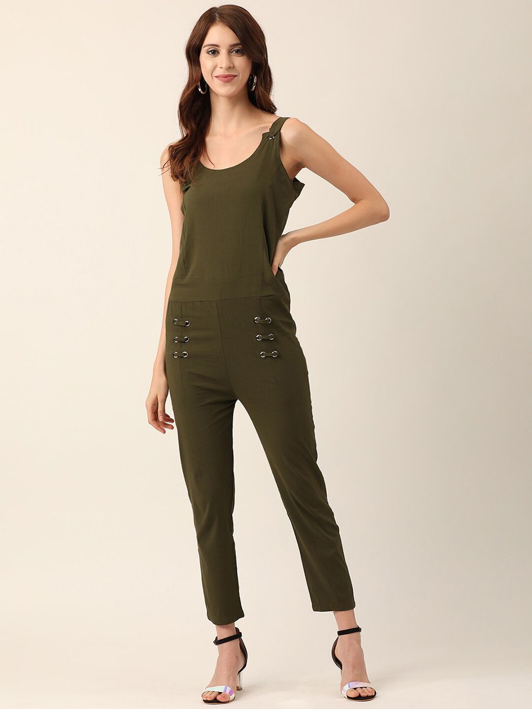 V2 Value & Variety Olive Green Cotton Basic Jumpsuit Price in India