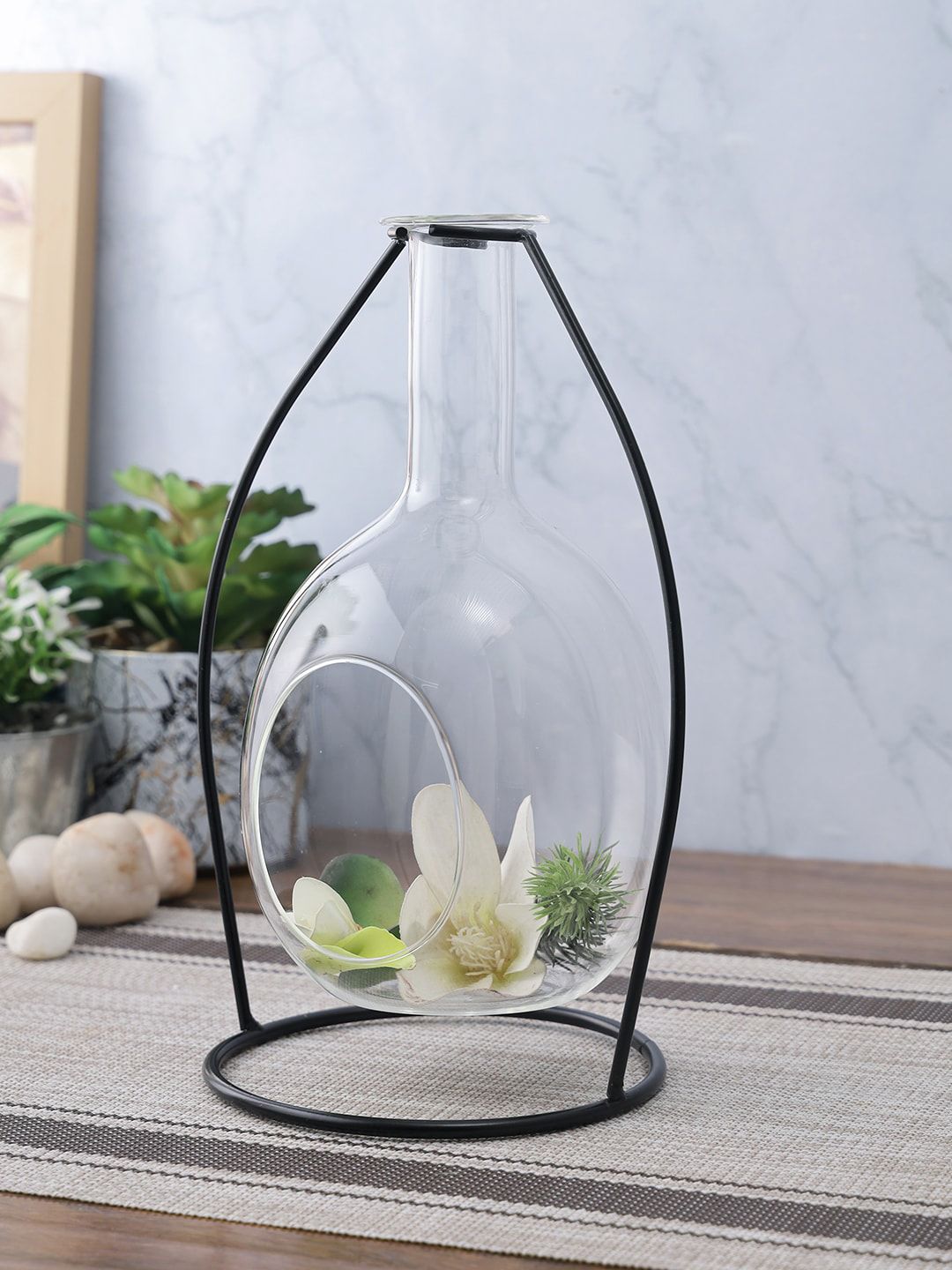 TAYHAA Transparent & Black Glass Flower Vase Price in India