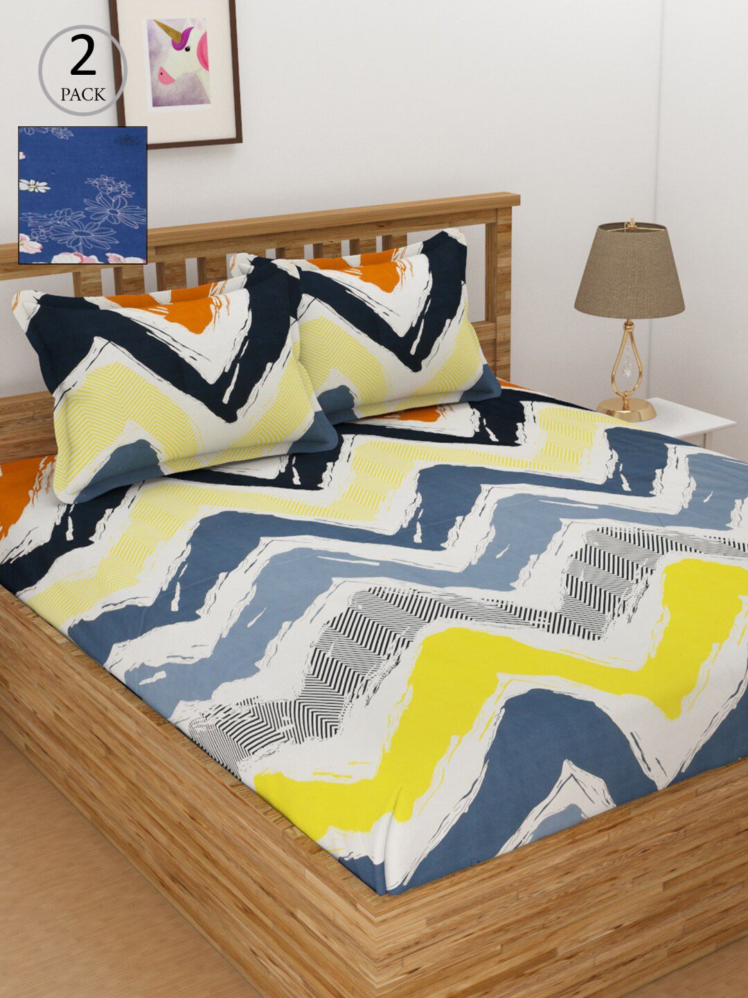 Florida Blue & Yellow Geometric 144 TC 2 Queen Bedsheet with 4 Pillow Covers Price in India