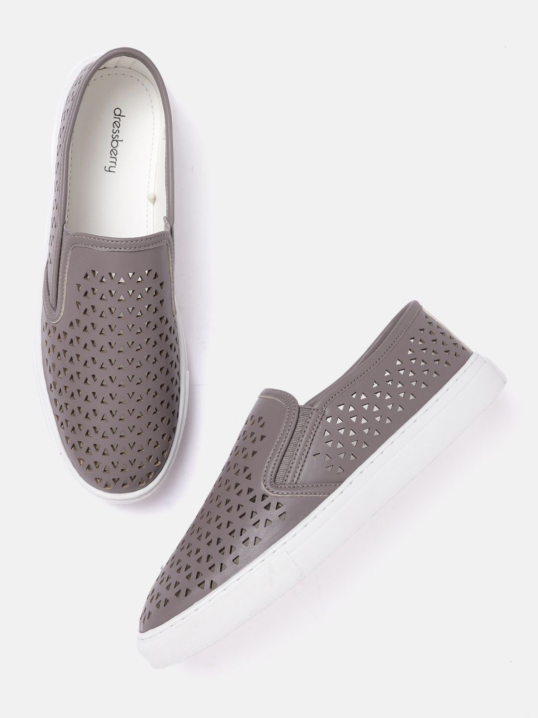 DressBerry Women Charcoal Grey Laser-Cut Slip-On Sneakers Price in India