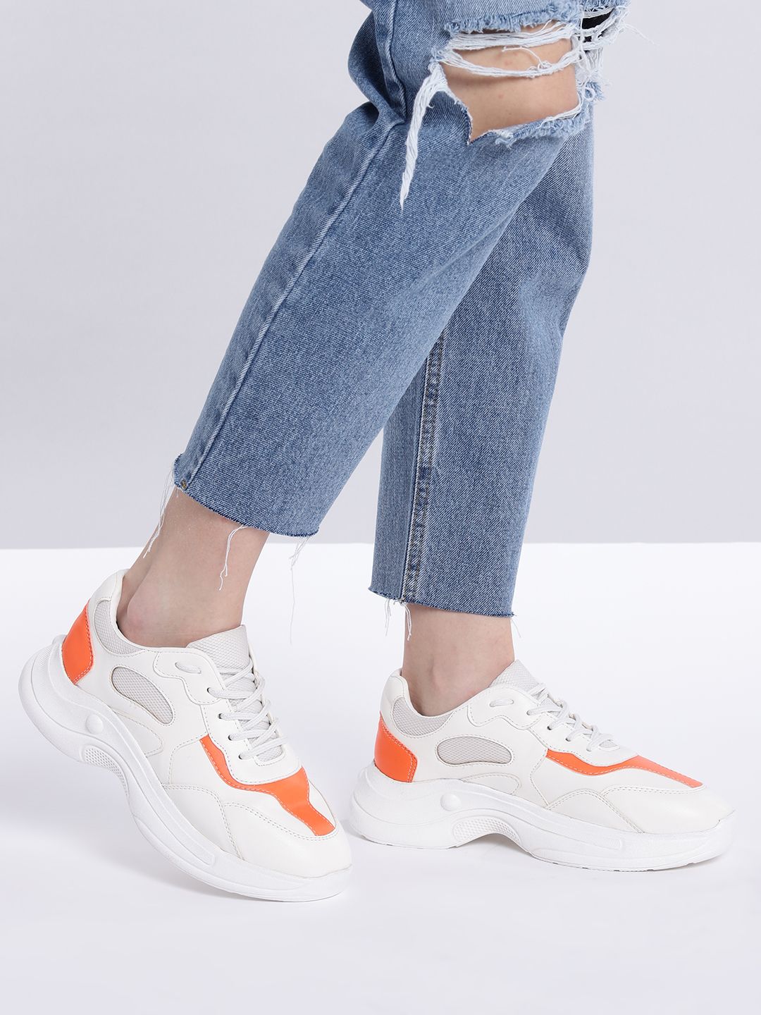 Kook N Keech Women White & Orange Colourblocked Chunky Sneakers