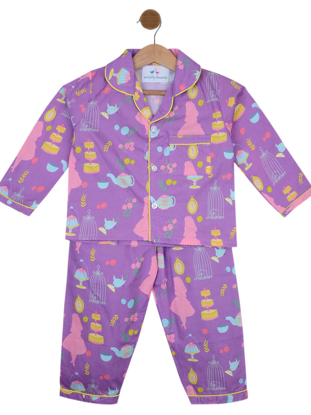 Knitting Doodles Kids Purple & Pink Printed Pure Cotton Night Suit