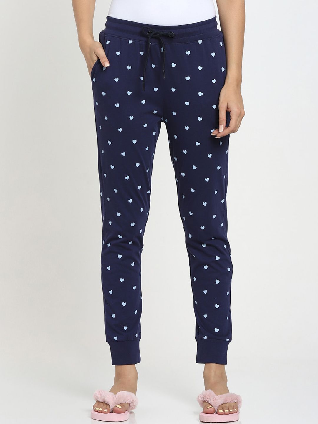 Bewakoof Women Navy Blue & White Printed Cotton Lounge Pants Price in India