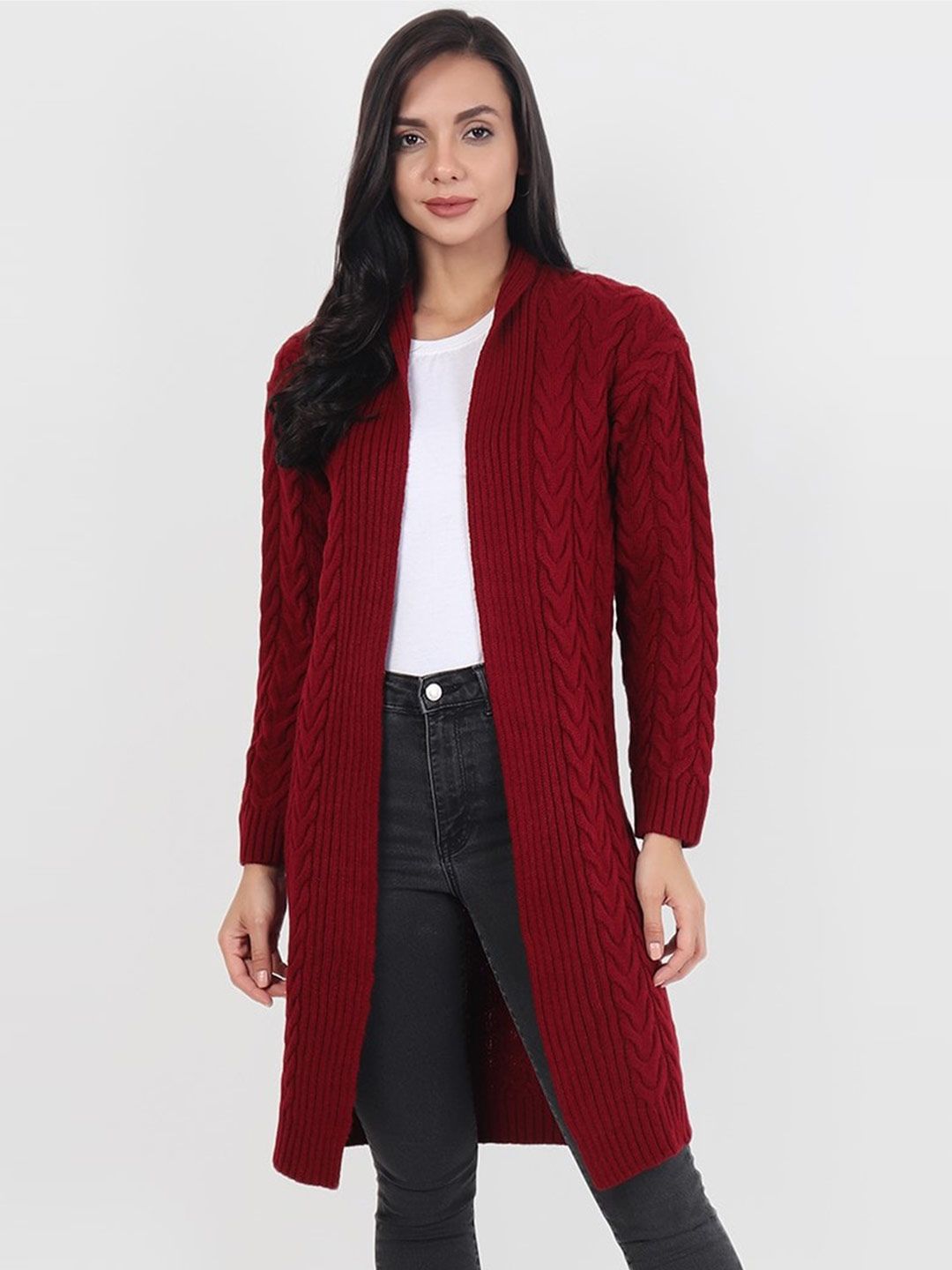 JoE Hazel Women Maroon Knitted Woolen Front Open Sweater Price in India