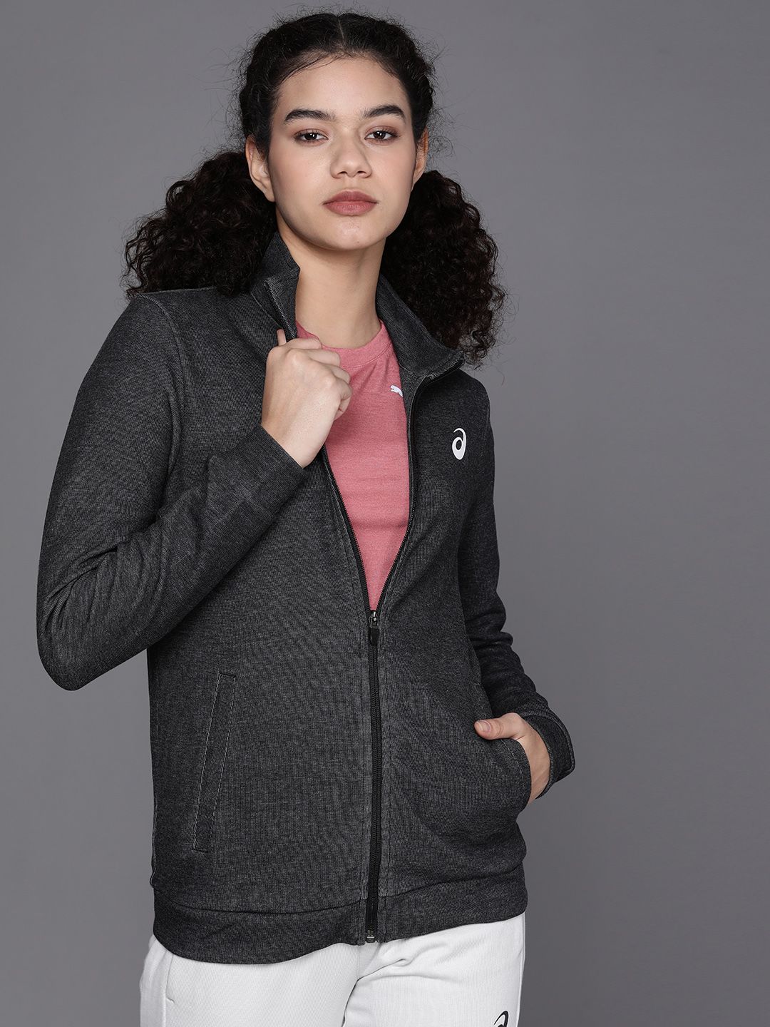 ASICS Women Charcoal Solid Mock-Collar Lightweight Training Sporty Jacket Price in India