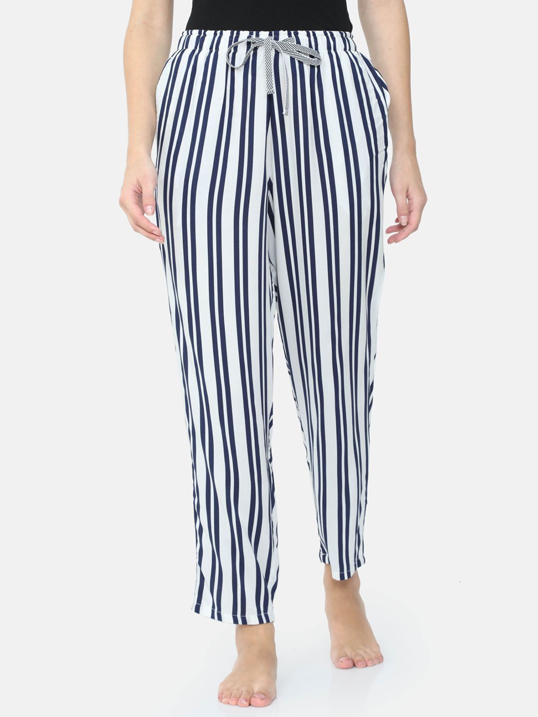 Bareblow Women White & Navy Blue Striped Lounge Pants Price in India