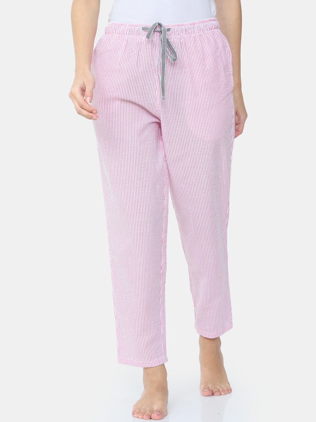 Bareblow Women White & Pink Striped Pure Cotton Lounge Pants Price in India