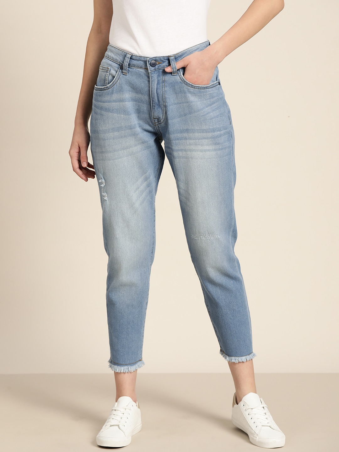 ether Women Blue Boyfriend Fit Low Distress Light Fade Cropped Stretchable Jeans Price in India