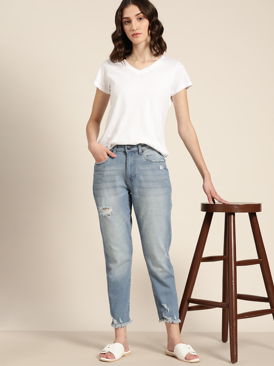 ether Women Blue Boyfriend Fit Low Distress Light Fade Cropped Stretchable Jeans Price in India