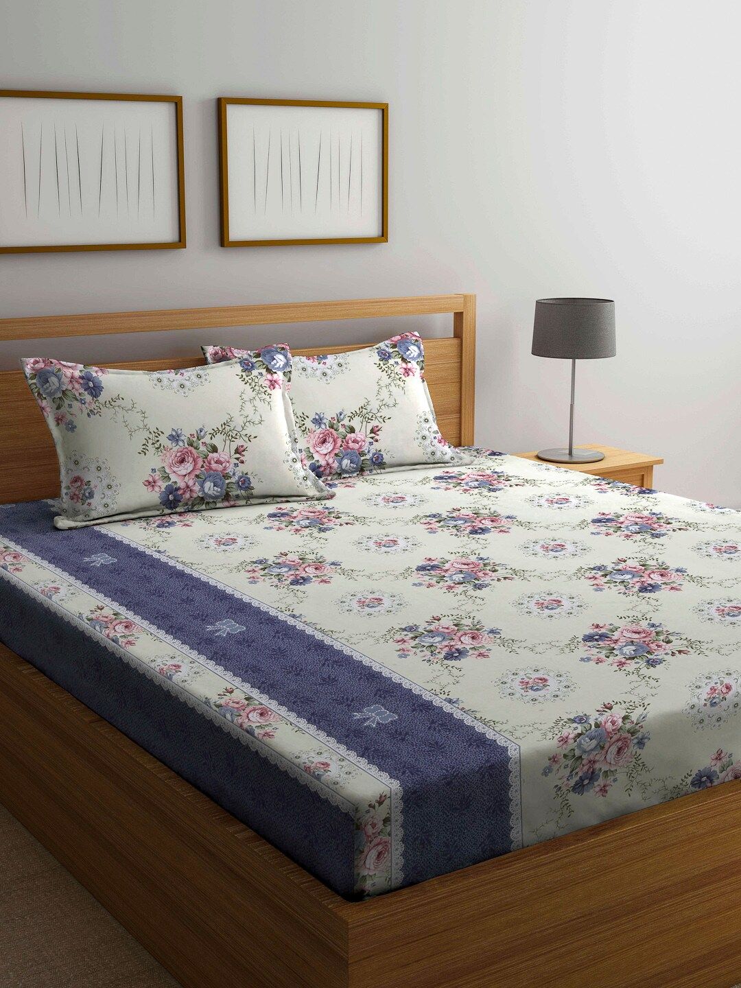 Arrabi White & Pink Floral 300 TC King Bedsheet with 2 Pillow Covers Price in India