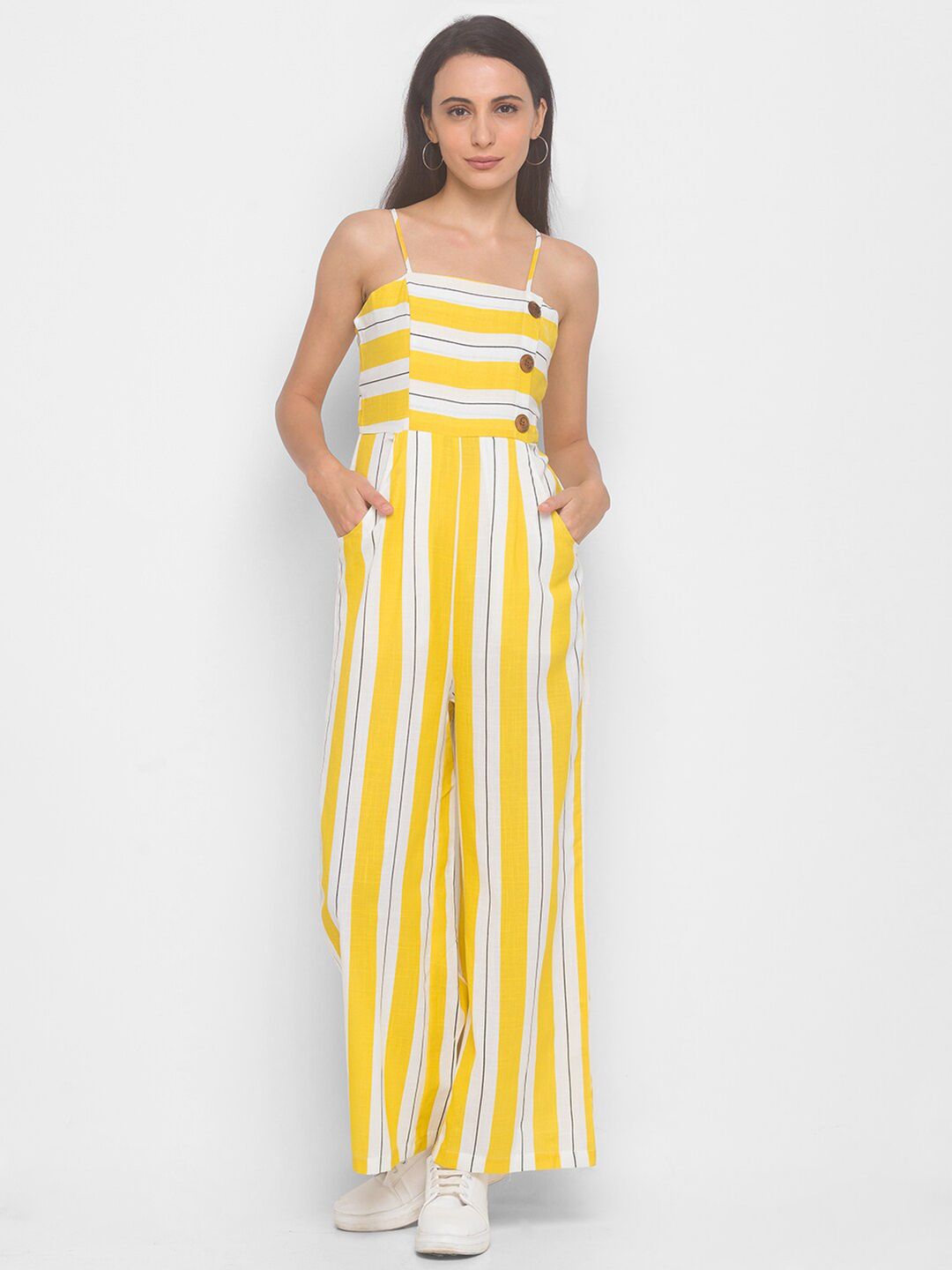 LYKKEIN Mustard & White Striped Basic Jumpsuit Price in India