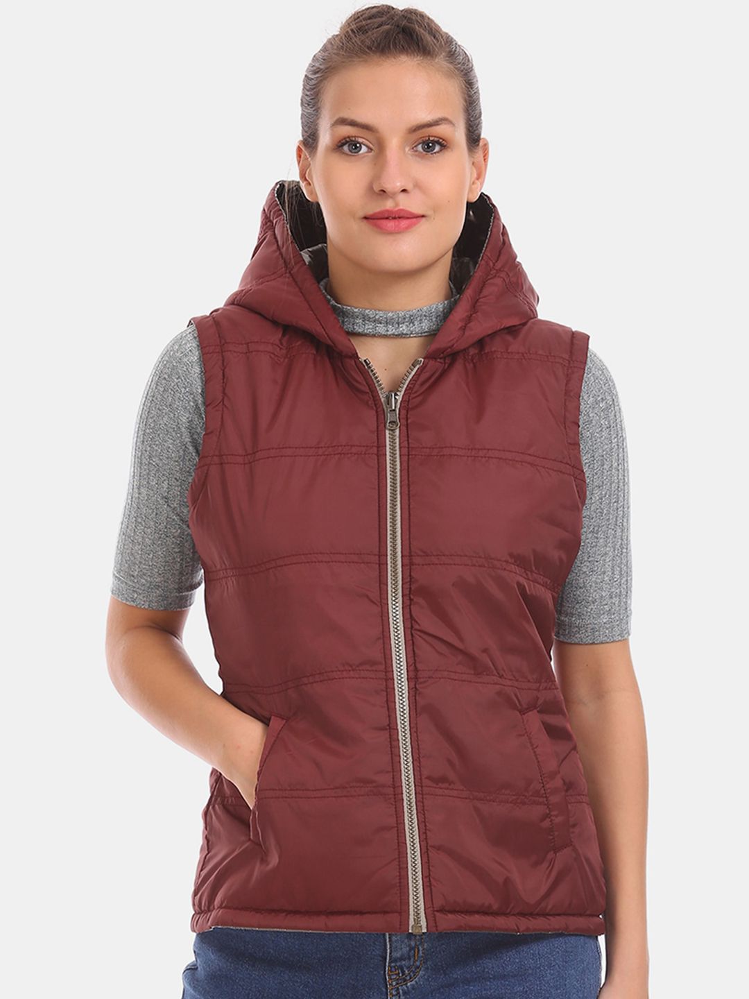 Cherokee Women Red And Bronze Reversible Padded Jacket Price in India