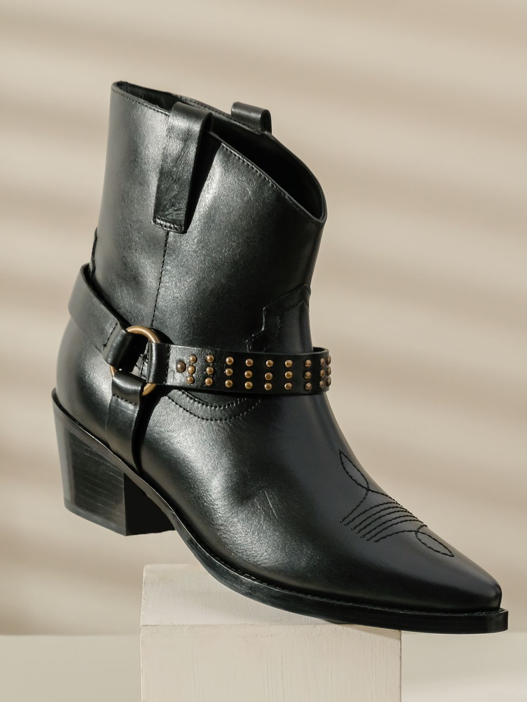 Saint G Women Black Metal Studded Leather Ankle Boots Price in India