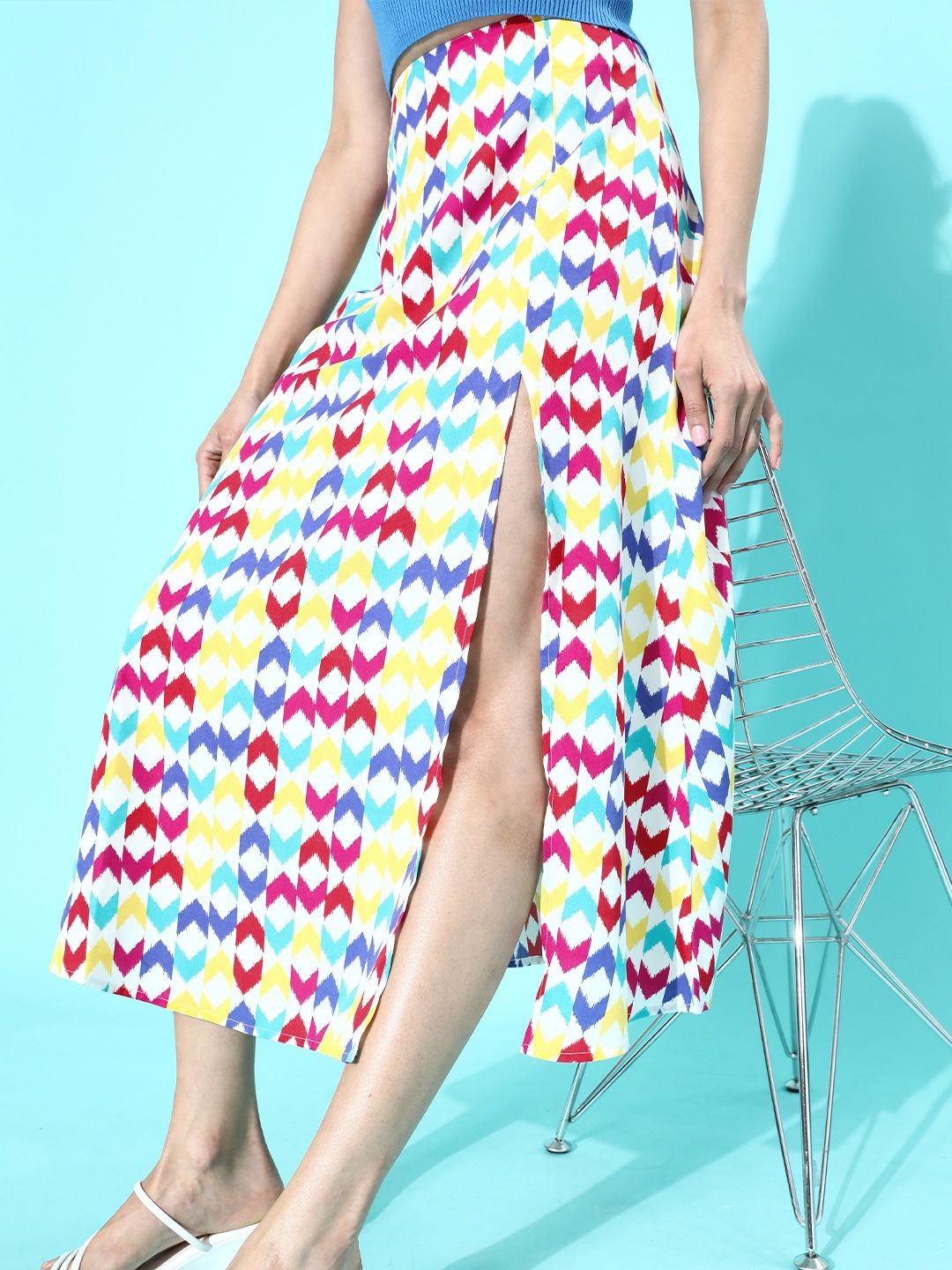 Berrylush Multicoloured Geometric Printed Polyester Crepe Casual Flared Midi A Line Skirt Price in India
