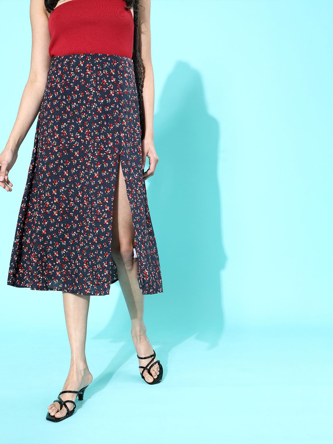 Berrylush Navy Blue Micro or Ditsy Floral Printed Polyester Crepe Casual Midi Flared Skirt Price in India