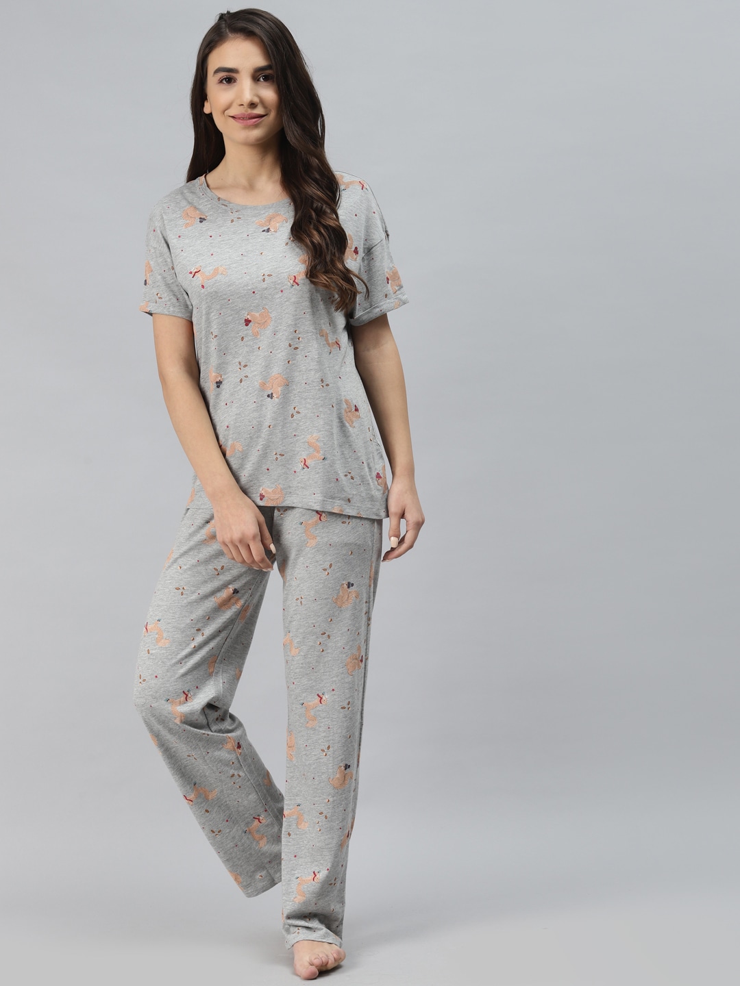Marks & Spencer Women Grey Melange & Beige Printed Pyjama Set Price in India