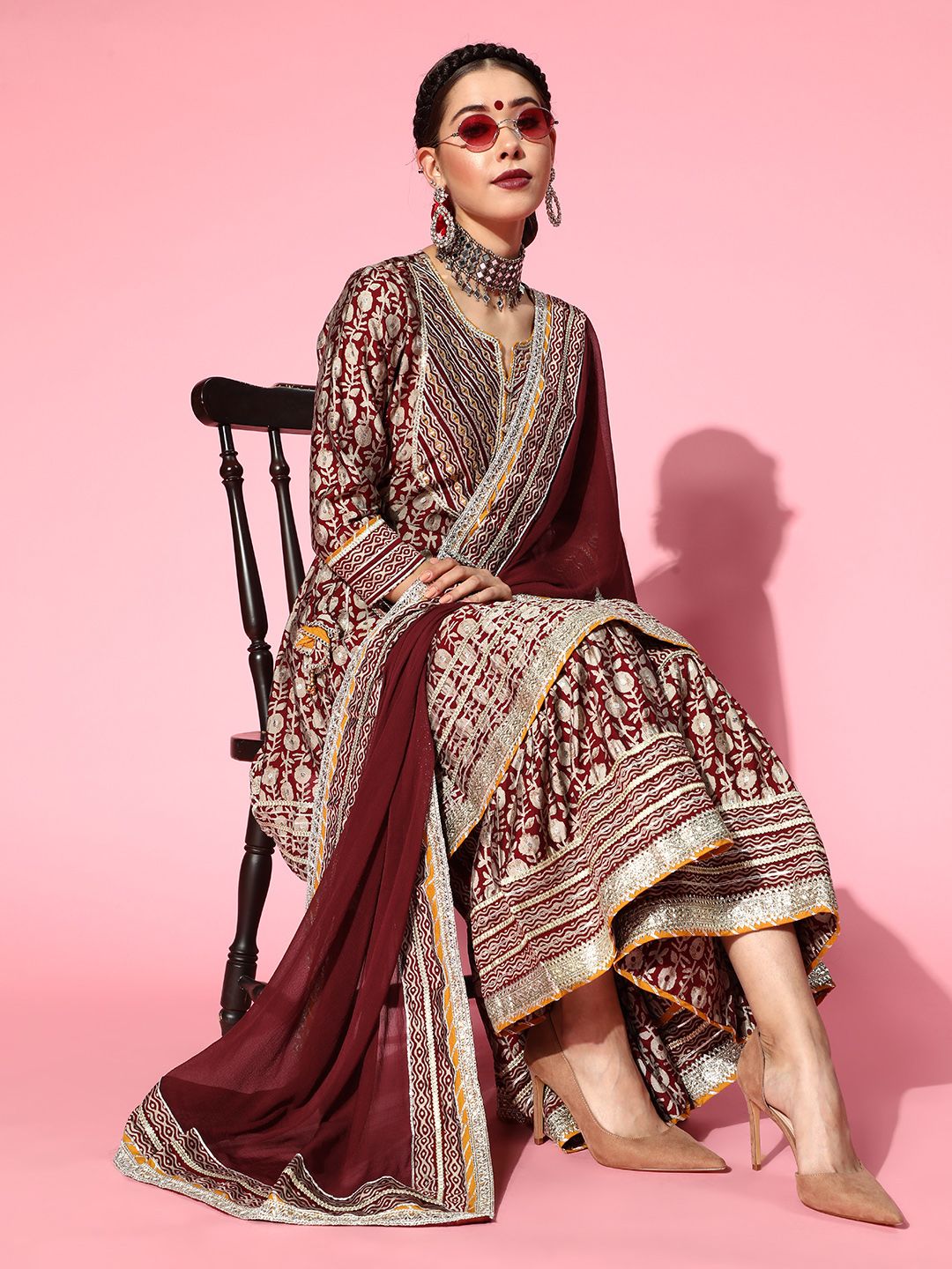 Ishin Maroon & Beige Foil Floral Print Panelled Tie-Ups A-Line Kurta Sharara & Dupatta Price in India