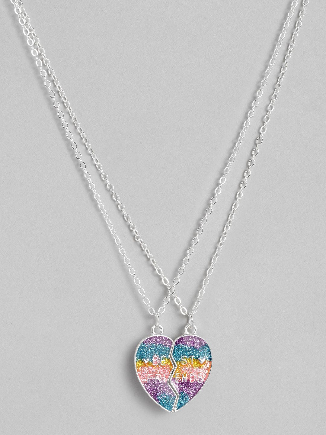 EL REGALO Set of 2 Multicoloured & Silver-Toned Heart Shaped Glitter Link Necklace Price in India