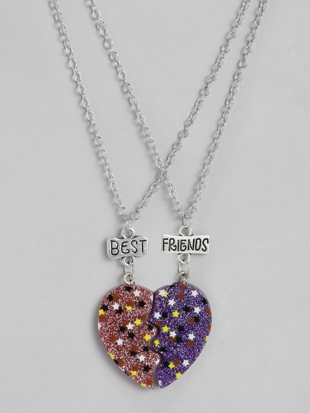 EL REGALO Set of 2 Orange & Purple Heart Shaped Best Friends Glitter Link Necklace Price in India