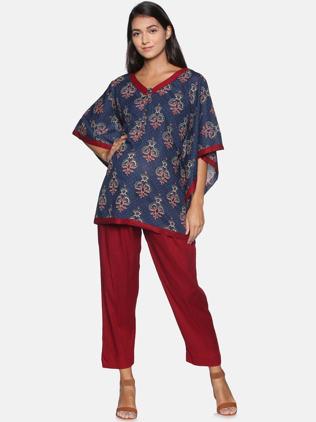 The Mom Store Women Navy Blue & Maroon Printed Pure Cotton Kaftan Maternity Night suit Price in India