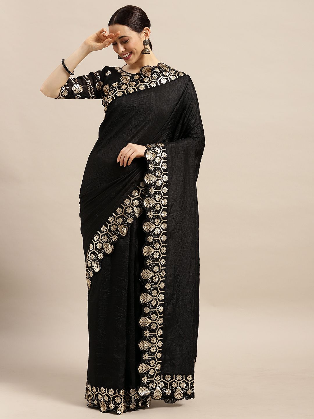 Saree mall Black Solid Vichitra Silk Saree with Embroidered Border Price in India